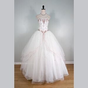 Mori Lee Prom Dress Maxi Wedding Gown 2 White Pink Corset Tulle Y2K Princess